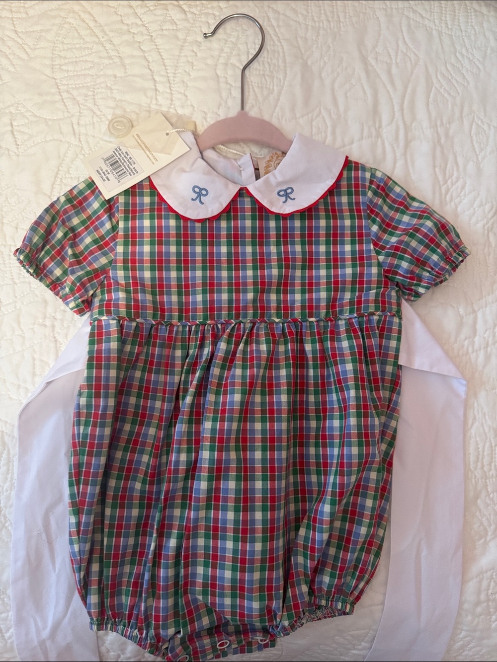 Plaid Peter Pan Collar Baby Romper with Bow Embroidery